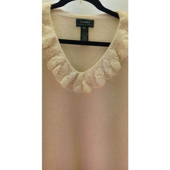 Lauren Ralph Lauren Lace Ruffle Trim Neck Cream Sweater Merino Wool Cashmere XL - Picture 3 of 8